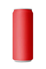 Empty red aluminum can with beverage on white background with clipping path.