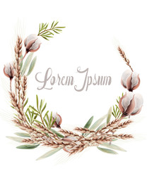 Wheat ears wreath card. Vintage rustic autumn poster. Fall boho decorations