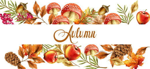 Autumn harvest banner Vector. Fall muchrooms and fruits decor posters