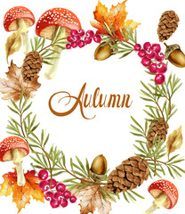 Autumn harvest wreath card Vector. Fall muchrooms and fruits decor posters
