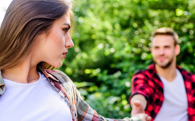 Obraz premium Couple relationship. Follow me. Couple outdoors nature defocused. Starting relationship. Couple in love meeting. Put yourself forward in way that is respectful to women while still being outgoing