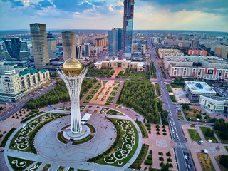NUR-SULTAN, KAZAKHSTAN (QAZAQSTAN) - July 29, 2019: Beautiful panoramic aerial drone view to...