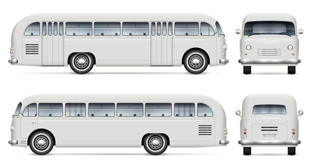 Retro bus vector mockup on white background view from side, front, back. All elements in the groups on separate layers for easy editing and recolor