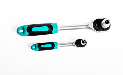 socket wrench isolated on white background. Wrenches of various sizes. multi purpose tool kit. Chrome Vanadium Steel. metallized fix equipment. socket wrench isolated on white background