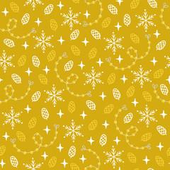 Christmas seamless pattern with garland, snowflakes, cone and stars