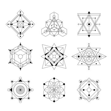sacred geometry vector illustration black and white  set. Good for logo, design of yoga mat and clothes. Boho style.