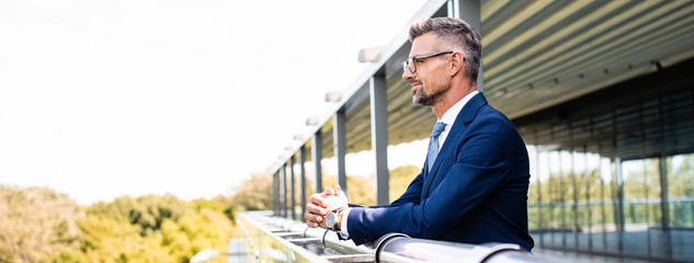 panoramic shot of handsome businessman in formal wear and glasses looking away