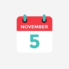 Flat icon calendar 5 November. Date, day and month. Vector illustration.