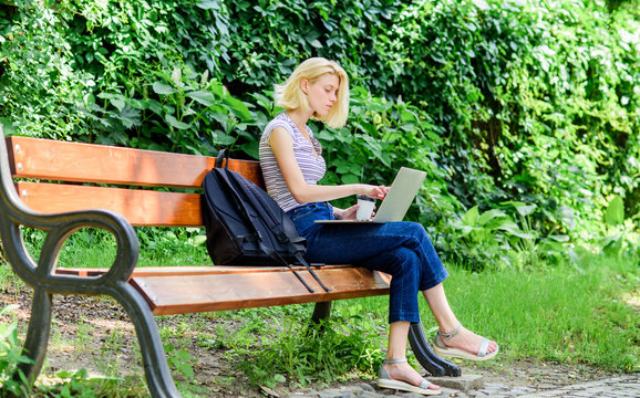 Regular student. Girl adorable student with laptop and coffee cup sit bench in park. Study outdoors. Woman student work with notebook. Learn study explore. Surfing internet. Modern student life