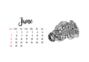 Monthly desk calendar horizontal template 2020 for month June. Week starts Sunday