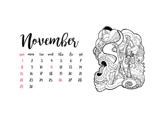 Monthly desk calendar horizontal template 2020 for month November. Week starts Sunday