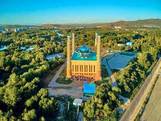 UST-KAMENOGORSK, KAZAKHSTAN (QAZAQSTAN) - August 10, 2019: Beautiful panoramic aerial drone view to...