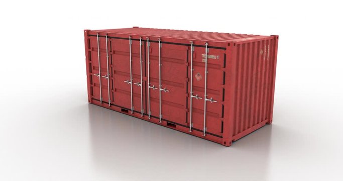Camera moving around cargo shipping container on white floor. Cargo shipping container doors opening and closing showing space inside cargo container. Can be used as seamlessly looped animation.