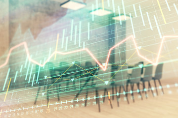 Multi exposure of stock market graph on conference room background. Concept of financial analysis