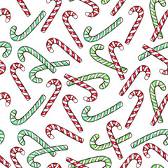 Christmas decoration elements seamless pattern. Traditional colorful decorations. Green and Red xmas candy canes. Decorative patchwork textile, invitation card, wrapping paper fill