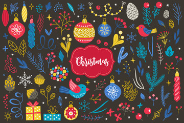 Set of vector Christmas elements - snow, cone, bird, ball, bauble