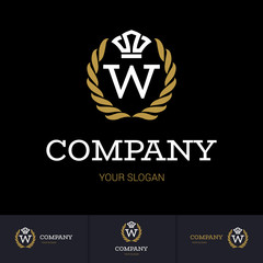 Fototapeta premium Illustration of Luxury Vintage Crest Logo with letter W in the Middle and Luxury Crown. Calligraphic Royal Emblems and Elements Logo Icon Template on Black Background