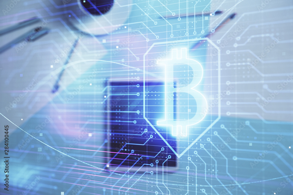 Poster double exposure of bitcoin drawing on digital tablet on the table background. concept of blockchain