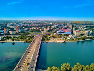 UST-KAMENOGORSK, KAZAKHSTAN (QAZAQSTAN) - August 08, 2019: Beautiful panoramic aerial drone view to...