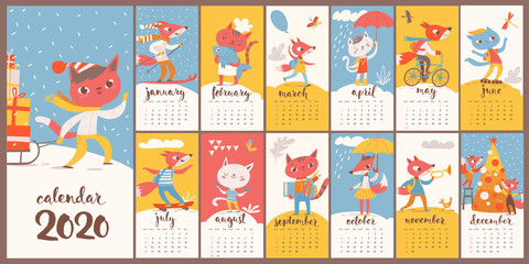 Fototapeta na wymiar Funny vector cartoon 2020 calendar with funny foxes and cats.
