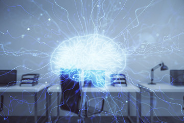 Human brain drawing with office interior on background. Double exposure. Concept of innovation.