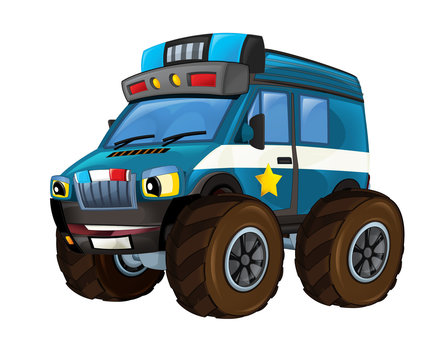 recommend clip art: cartoon happy and funny off road police car looking like monster truck smiling vehicle illustration for children