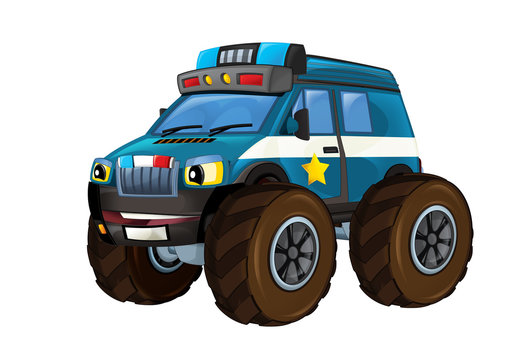 recommend clip art: cartoon happy and funny off road police car looking like monster truck smiling vehicle illustration for children