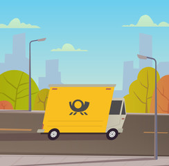 Delivery truck with city landscape.
