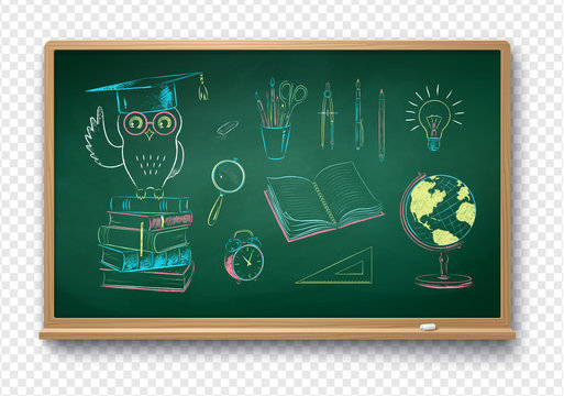 Illustrations of education items on chalkboard