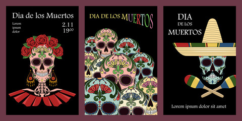 Set of vector illustrations for the day of the dead. Mexican skulls. Design elements for flyer, postcard, poster, banner.