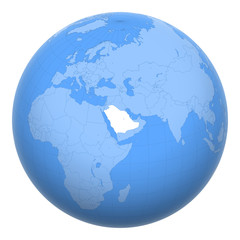 Fototapeta premium Saudi Arabia on the globe. Earth centered at the location of the Kingdom of Saudi Arabia. Map of Saudi Arabia. Includes layer with capital cities.