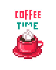 Obraz premium Red cup of coffee with whipped cream top, 8 bit pixel art icon isolated on white background. Cafe, cafeteria, coffehouse, restaurant logotype. Old school vintage retro slot machine/video game graphics