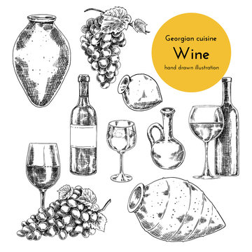 Set of wine illustrations for menu design. sketch bottle, qvevri and a glass of wine. hand drawn illustration of wine