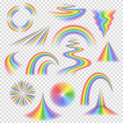 Various rainbow bands, curves, turns, circles and other shapes and objects with perspective depth, semi-transparent rainbows a set of realistic vector elements isolated