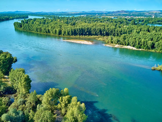 Beautiful panoramic aerial drone view to the confluence of the rivers Irtysh and Ulba in...