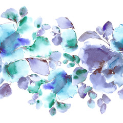 Floral seamless border. Floral greeting card. Floral ornament. Watercolor blue flowers.