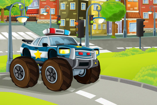 cartoon scene in the city with police car driving through the park patrolling - illustration for children