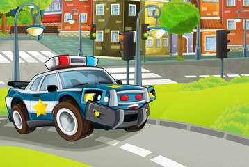 cartoon scene in the city with police car driving through the park patrolling - illustration for children