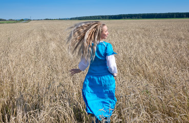 slender young woman in a bright blue dress with long blonde hair fluttering in the wind in a field of golden wheat ears on a summer day