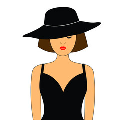 woman icon. retro fashion elegant   woman icon. girl with black hat and black dress. logo women