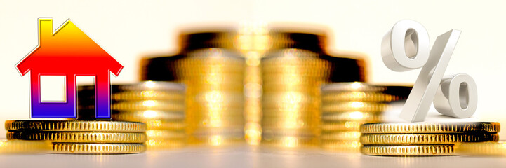 Symbol of real estate and interest on the background of money . The concept of mortgage payment .