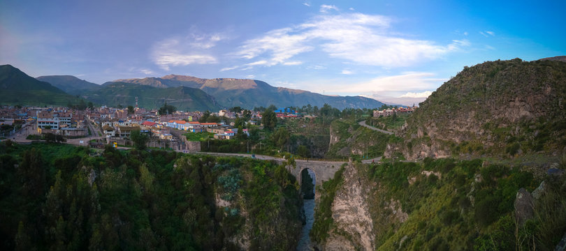 Aerial sunrise view to Colca river and Sabancaya mountain, Chivay, Peru