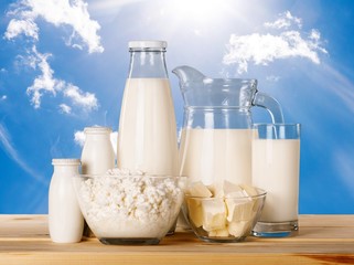 Glass of milk  and Dairy products on  background