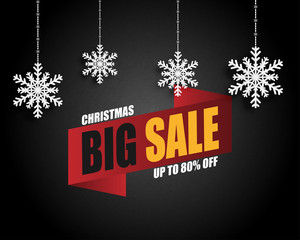 Fototapeta na wymiar Christmas sale banner background with hanging snow flakes on black background in paper cut style. Vector illustration. Banner, Poster, Brochure, Flyer, Advertising display.