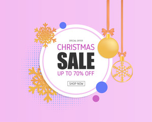 Christmas sale promotion banner background with modern color decoration in paper cut style. Snowflakes and hanging Christmas ball. Design for banner, flyer, brochure, advertising template.