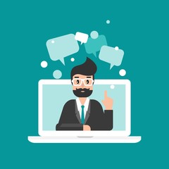 businessman or attorney on computer screen with speech bubbles. flat vector illustration on blue background.