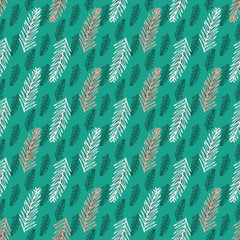 Graphic Fir Branch Seamless Vector Pattern. Stylized abstract Nature illustration background. For Christmas wrapping paper, fabric prints, cards.