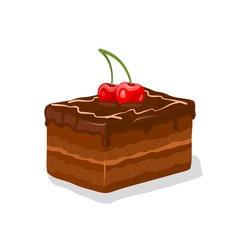 Piece of chocolate glazed layered gateau, fancy cake with buttercream garnished by cherries and whipped cream. Truffle shortcake. Cocoa patisserie. Vector cartoon illustration isolated on white.
