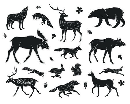 Vector black hand drawn sketch set collection of forest animals isolated on white background
