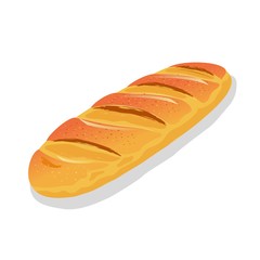 Wheaten French bread, long loaf, baguette with crackling crust. Using for toasts, sandwiches, sarnies. Carbohydrate source. Cartoon vector icon isolated on white for menu, advertising, recipe, label.